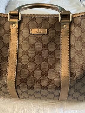Gucci Boston Bag Bronze Monogram Satchel with Metallic Trim